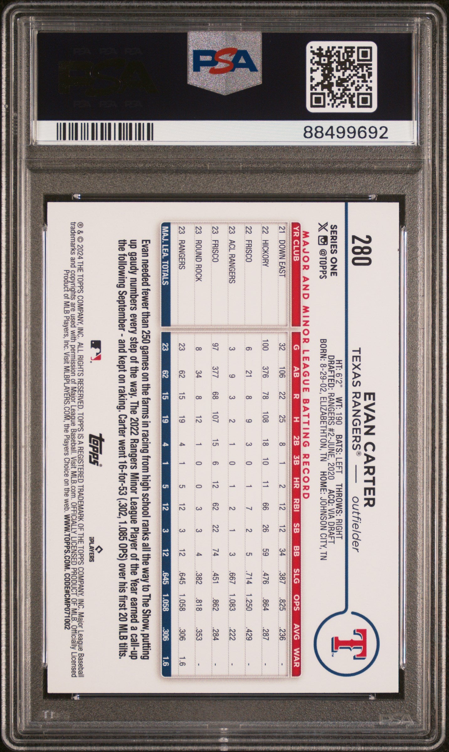 2024 Topps Rainbow Foil Evan Carter #280 Rookie RC PSA 9