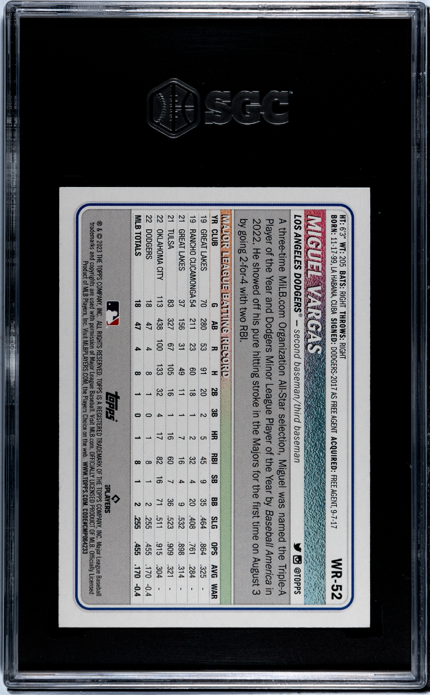 2023 Topps Big League Wrapper Redemp Blue Foil Miguel Vargas #WR-52 RC /75 SGC 9