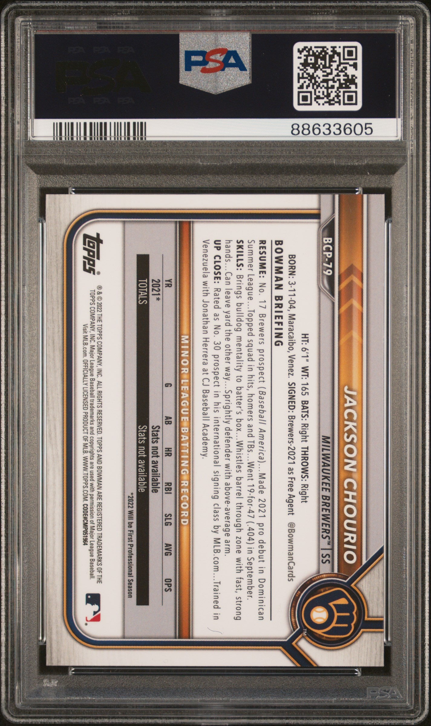 2022 Bowman Chrome Sapphire Jackson Chourio #BCP-79 1st Bowman PSA 10