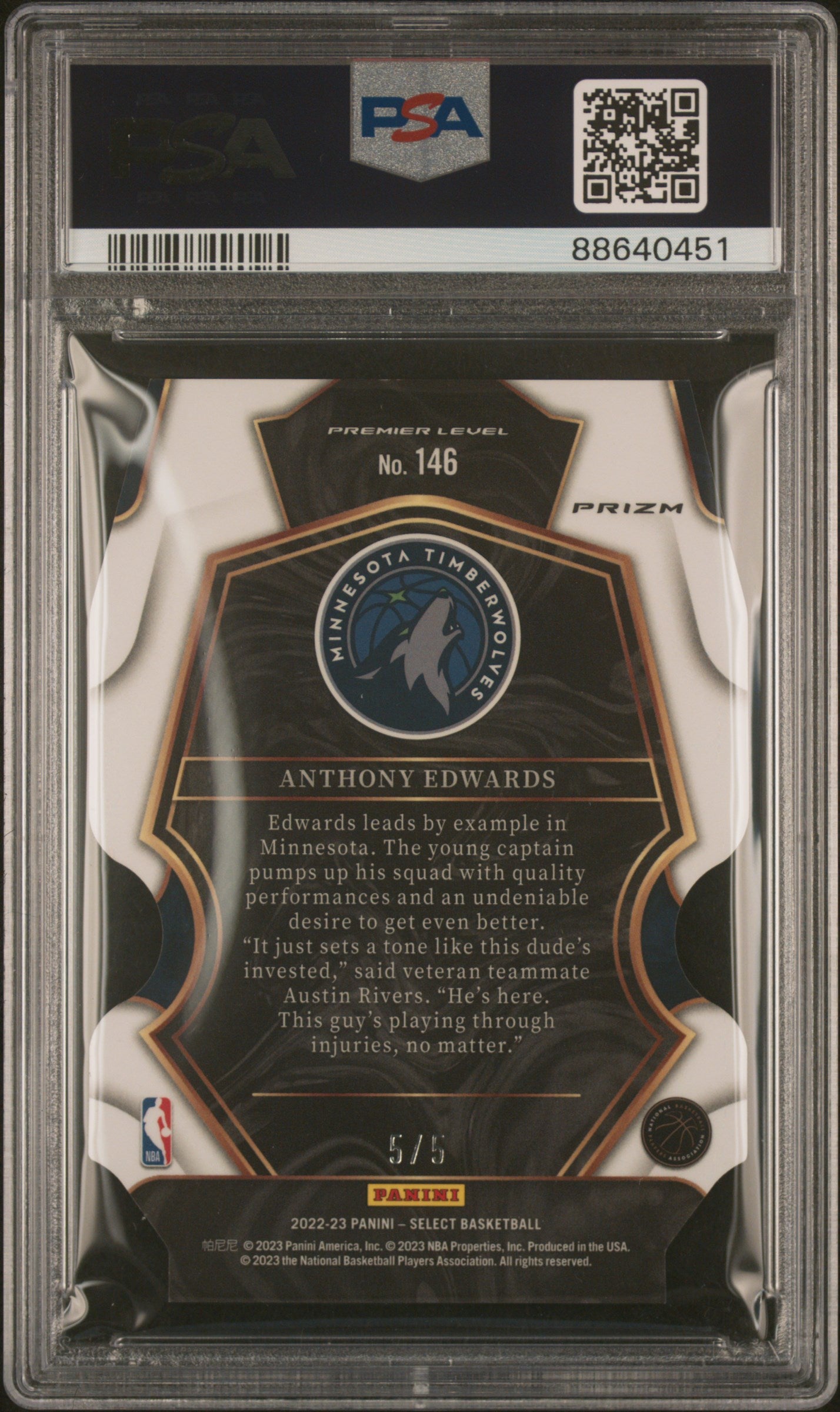 2022 Panini Select Premier Level Die Cut Green Anthony Edwards #146 /5 5/5 PSA 10