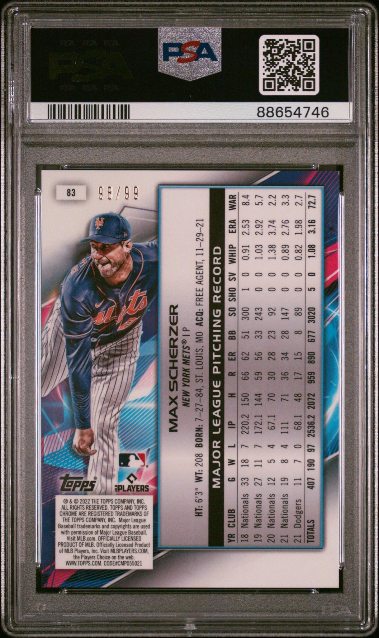 2022 Topps Cosmic Chrome Blue Moon Refractor Max Scherzer #83 /99 PSA 10