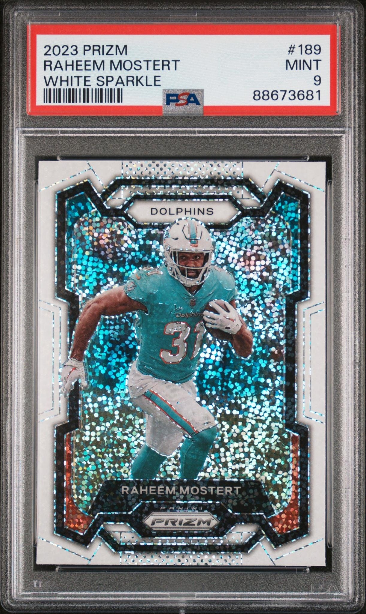 2023 Panini Prizm #189 Raheem Mostert White Sparkle PSA 9