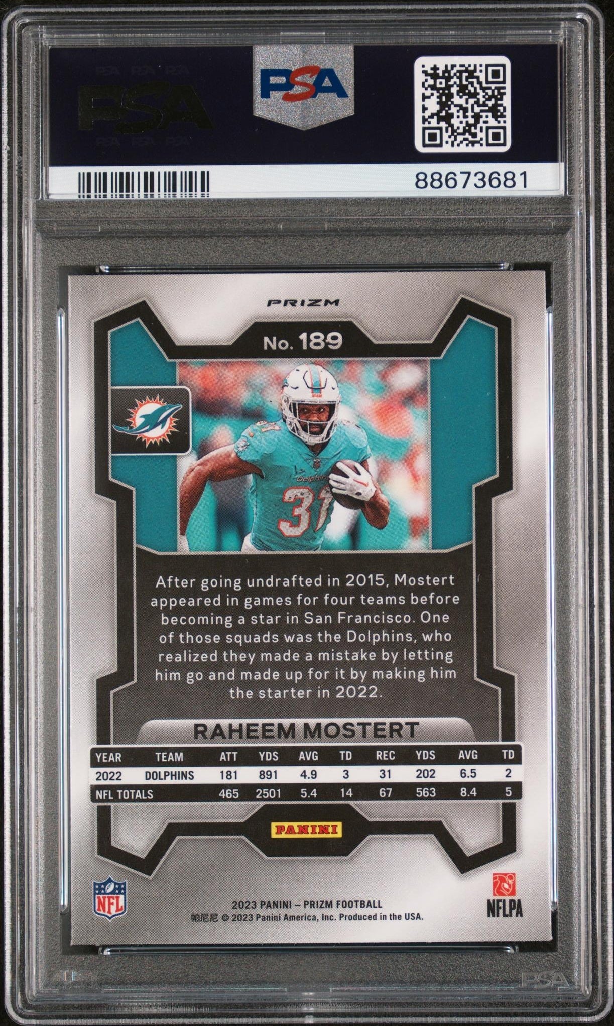 2023 Panini Prizm #189 Raheem Mostert White Sparkle PSA 9