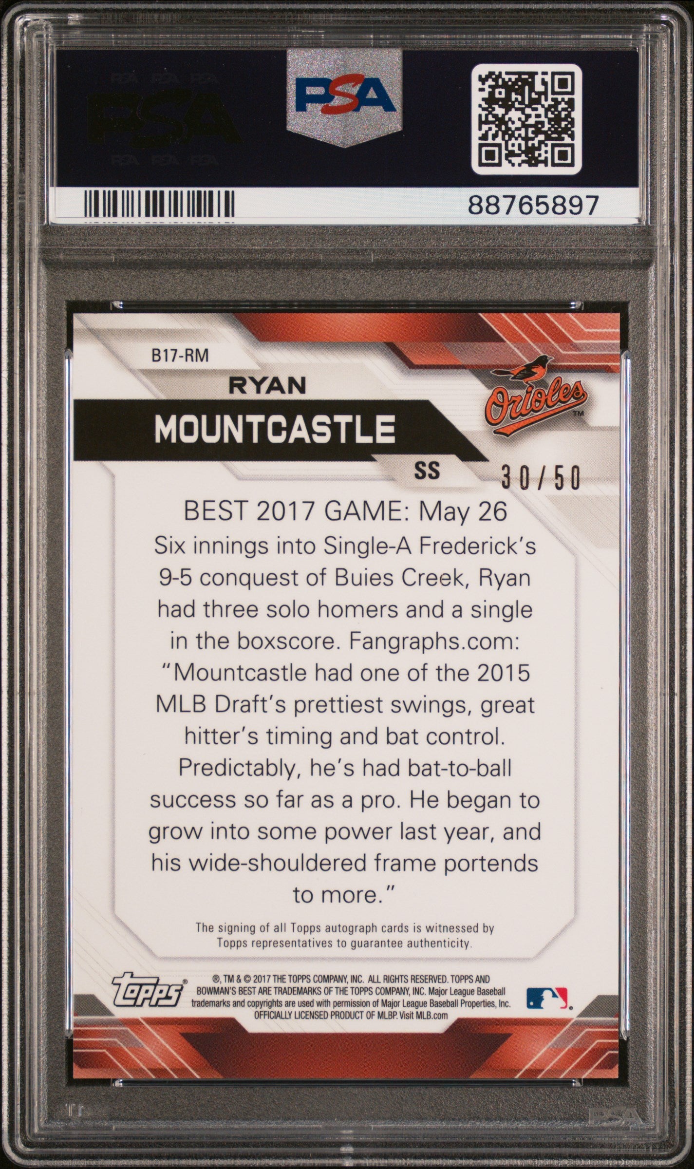 2017 Bowman's Best Gold Ryan Mountcastle #B17RM Auto /50 PSA 10