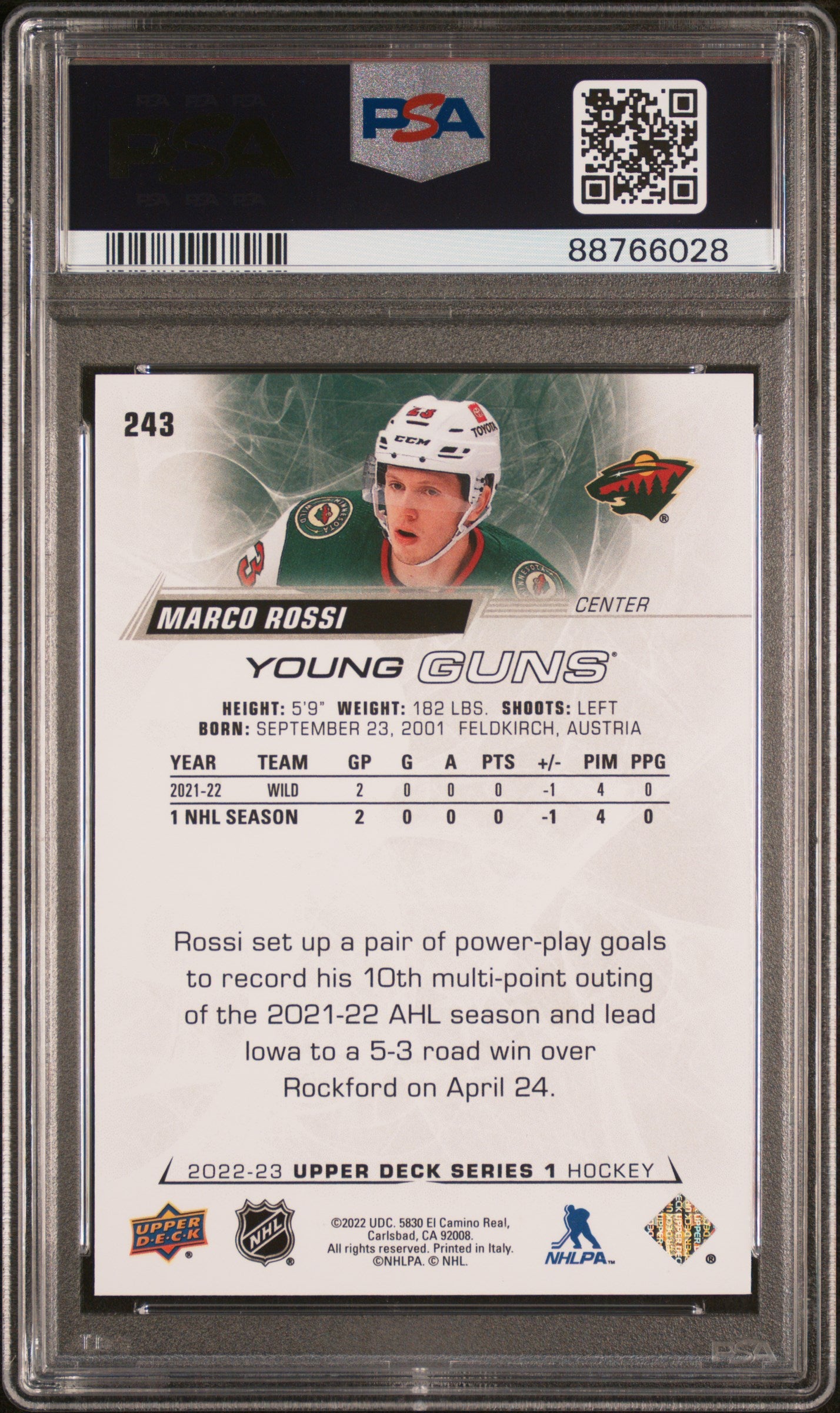2022 Upper Deck Series 1 Young Guns Marco Rossi #243 RC PSA 10