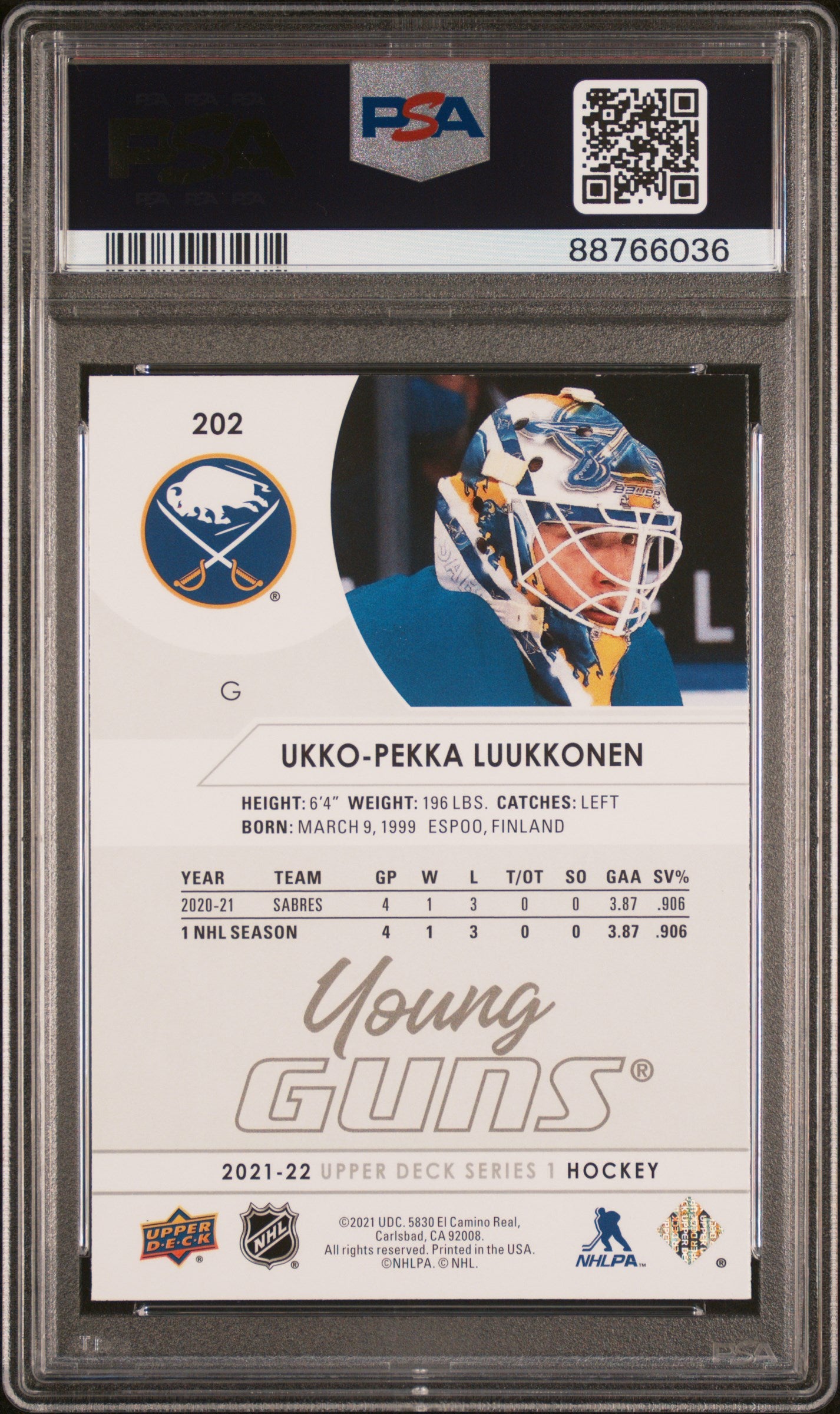 2021-22 Upper Deck Series 1 Young Guns Ukko-Pekka Luukkonen #202 RC PSA 10