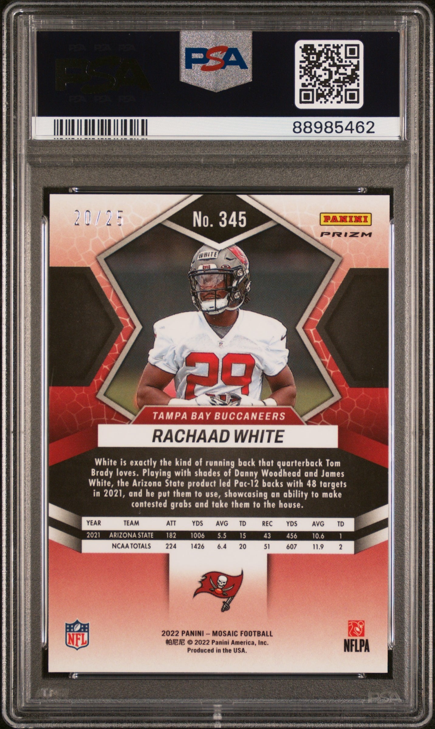 2022 Panini Mosaic Orange Fluorescent Rachaad White #345 RC /25 PSA 10