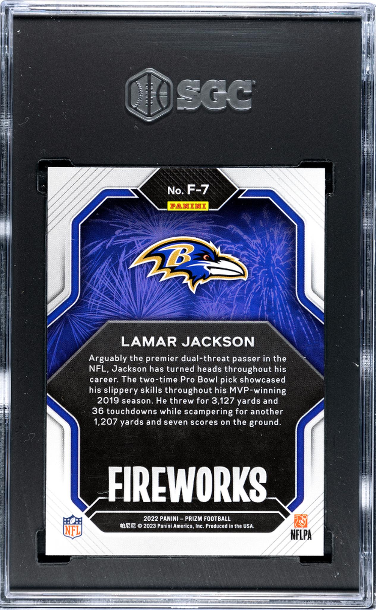 2022 Panini Prizm #F-7 Lamar Jackson Fireworks SGC 10