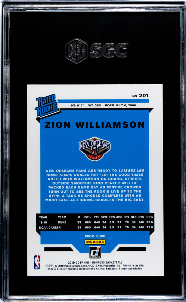 2019-20 Donruss Zion Williamson #201 RC SGC 9