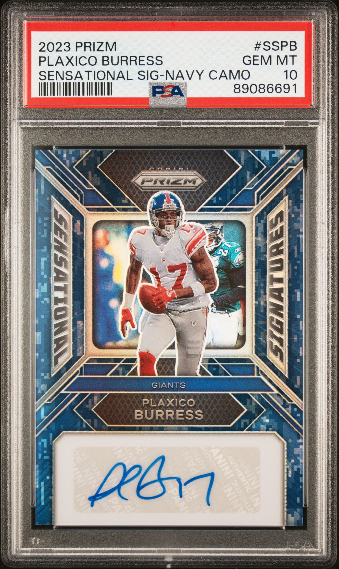 2023 Panini Prizm Sensational Signatures #SSPB Plaxico Burress Navy Camo PSA 10