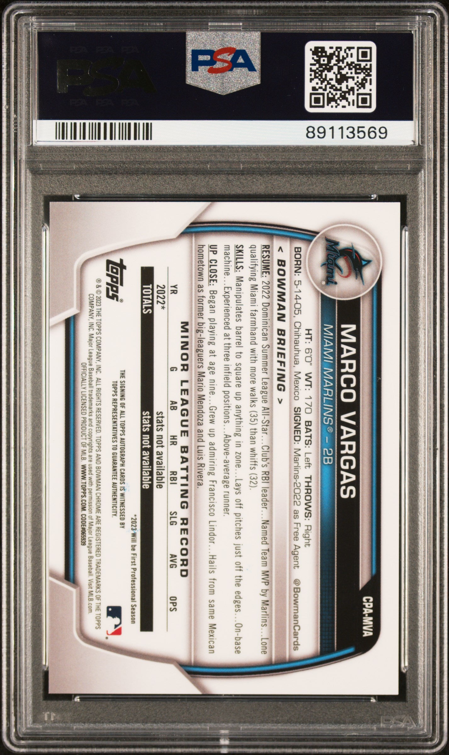 2023 Bowman Chrome Blue RayWave Marco Vargas #CPA-MVA Auto /150 PSA 10