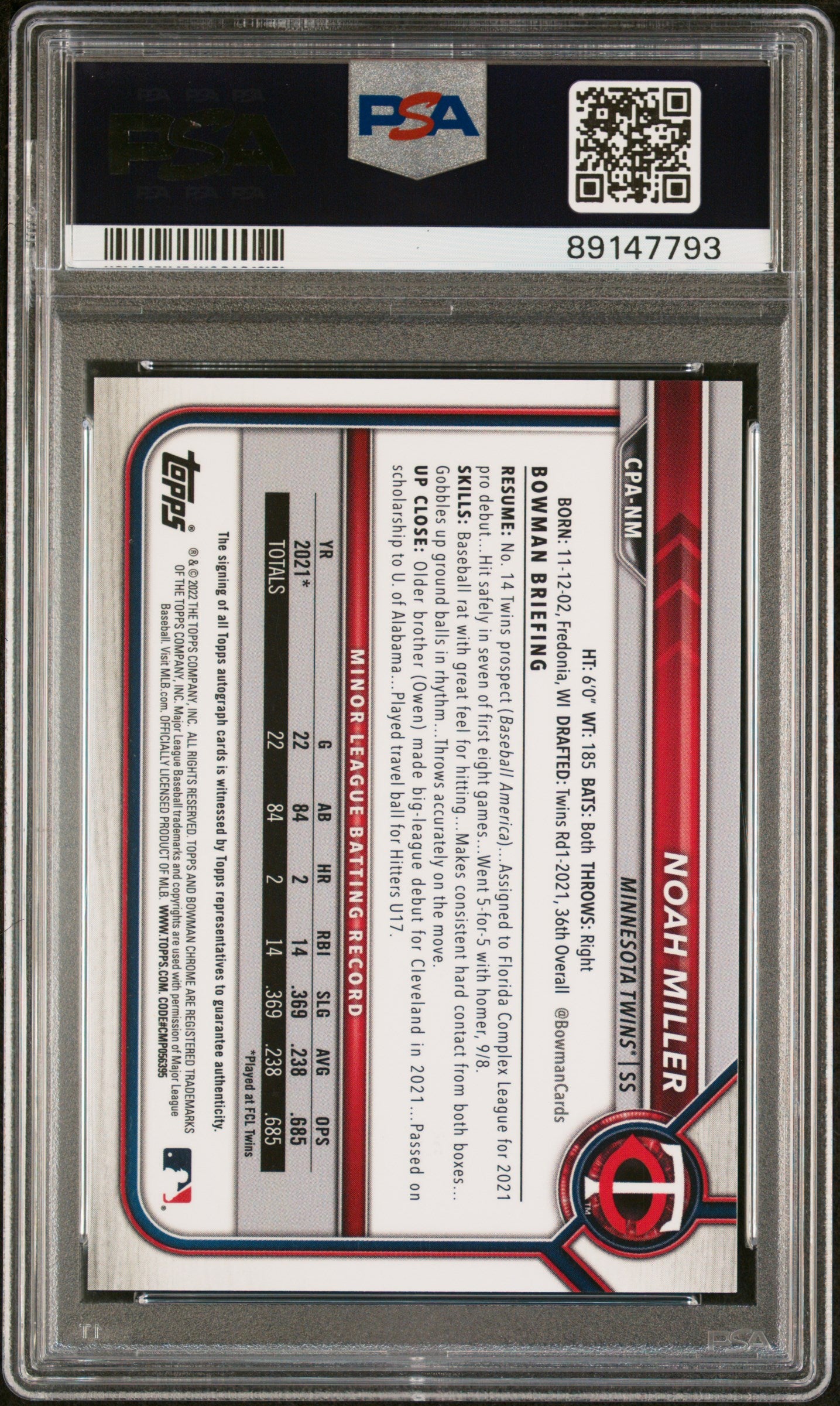 2022 Bowman Chrome Green Refractor Noah Miller #CPANM Auto /99 PSA 10