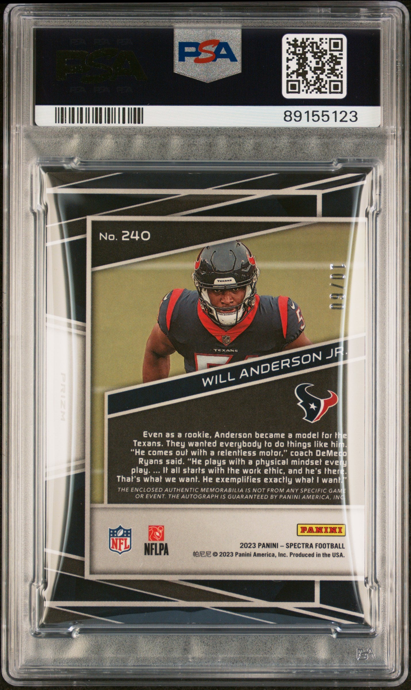 2023 Spectra #240 Will Anderson Jr. Patch Autograph-Hyper /149 Auto PSA 9
