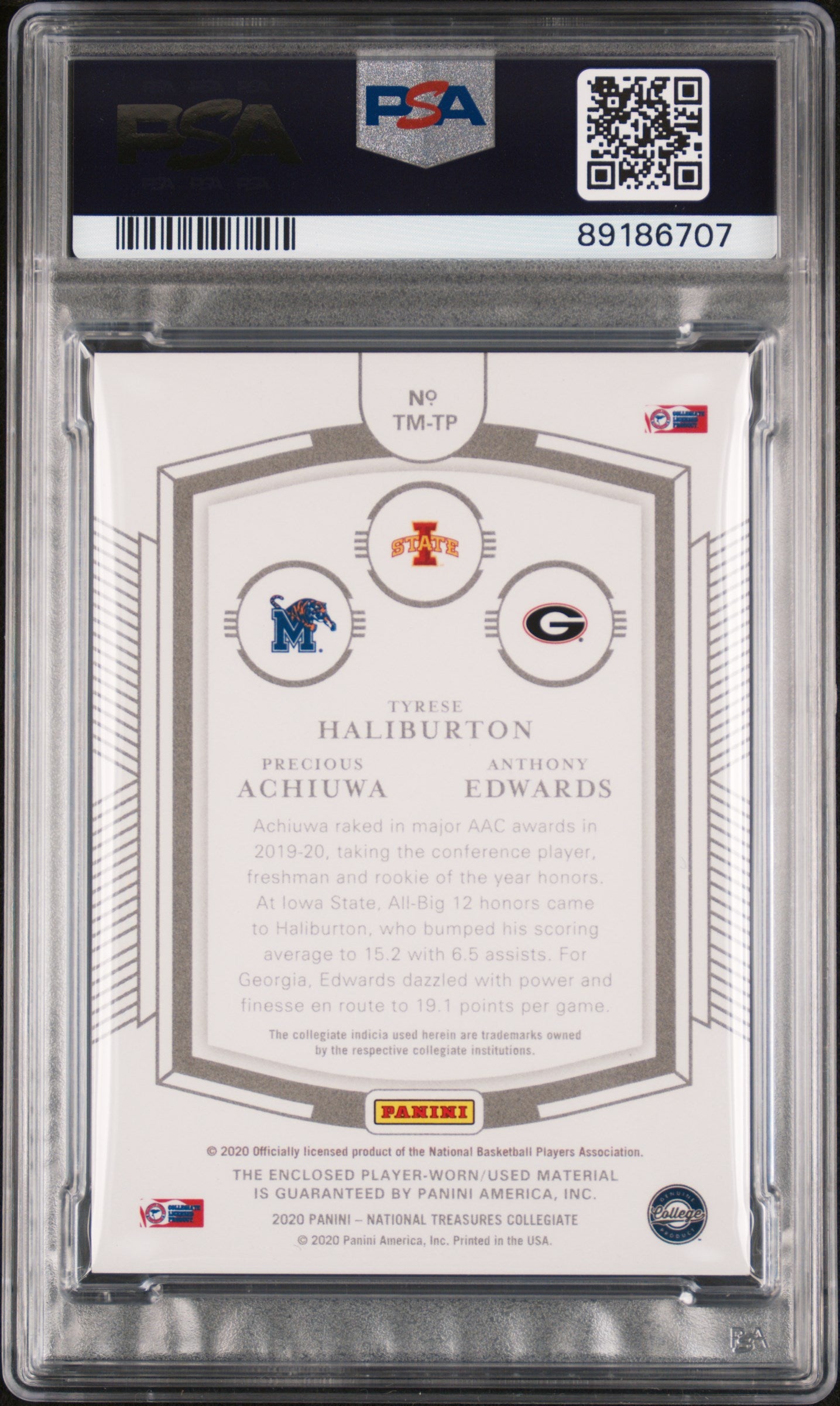 2020 National Treasures # Tyrese Haliburton Precious Achiuwa Anthony Edwards Trios Memorabilia-Prime 5/5 PSA 9