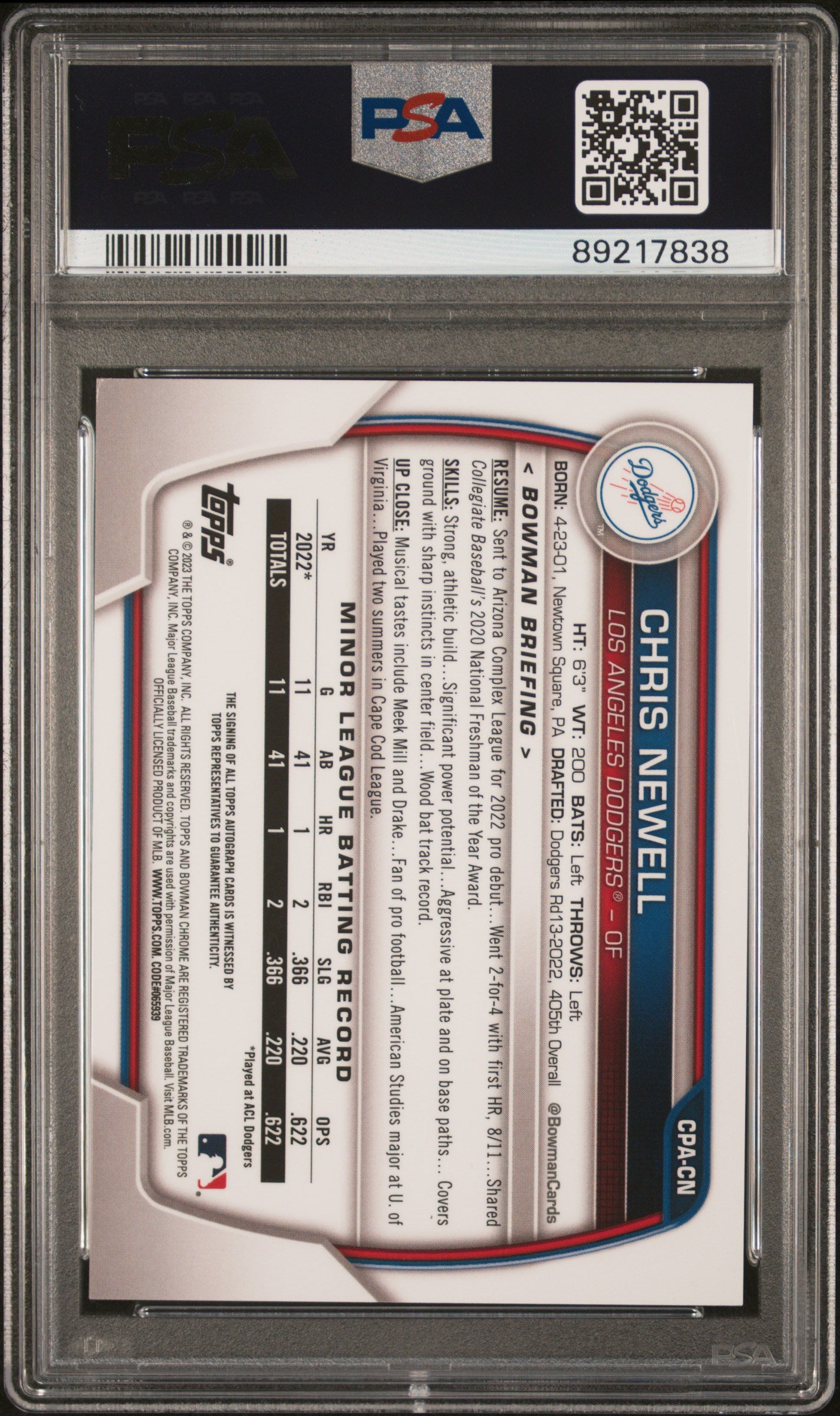 2023 Bowman Chrome Orange Chris Newell #CPA-CN Auto /25 PSA 9
