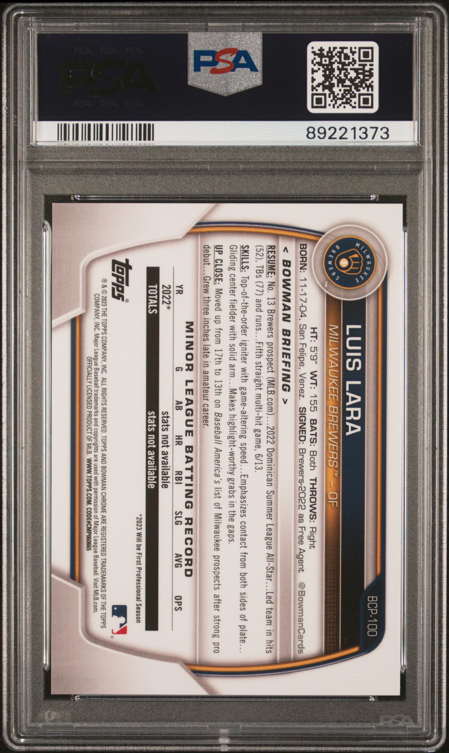 2023 Bowman Chrome Yellow Lunar Crater Refractor Luis Lara /75 PSA 10