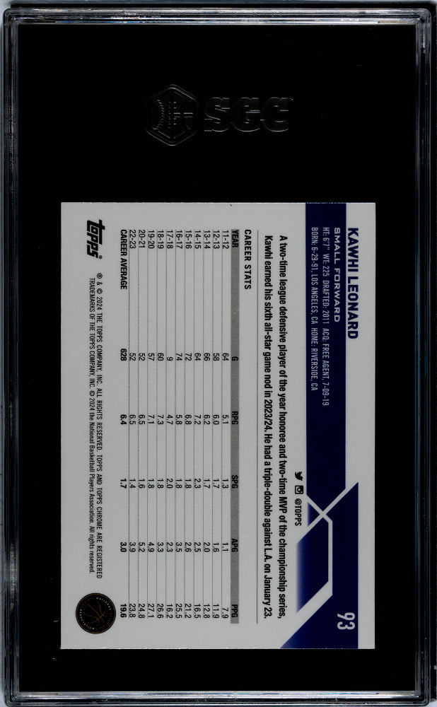 2023-24 Topps Chrome #93 Kawhi Leonard Orange BB Ref. SGC 10