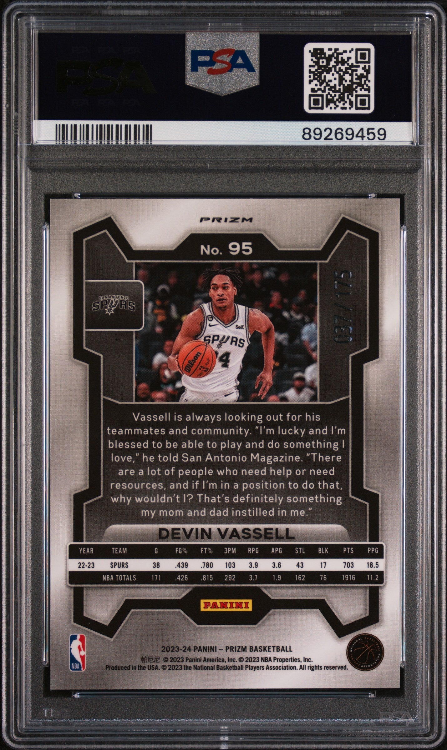 2023 Prizm White Devin Vassell #95 /175 PSA 10