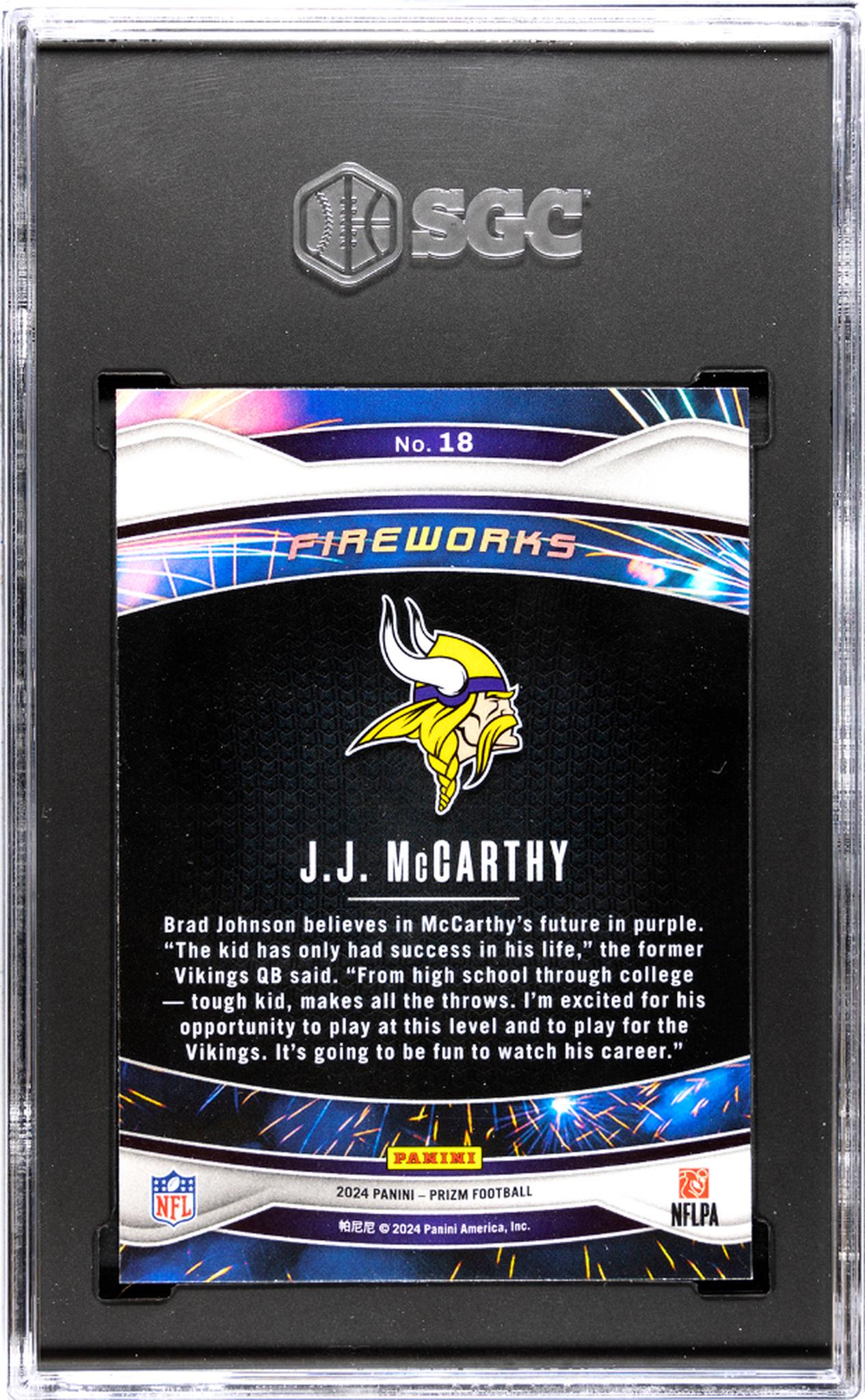 2024 Panini Prizm #18 Jj Mccarthy Fireworks SGC 10