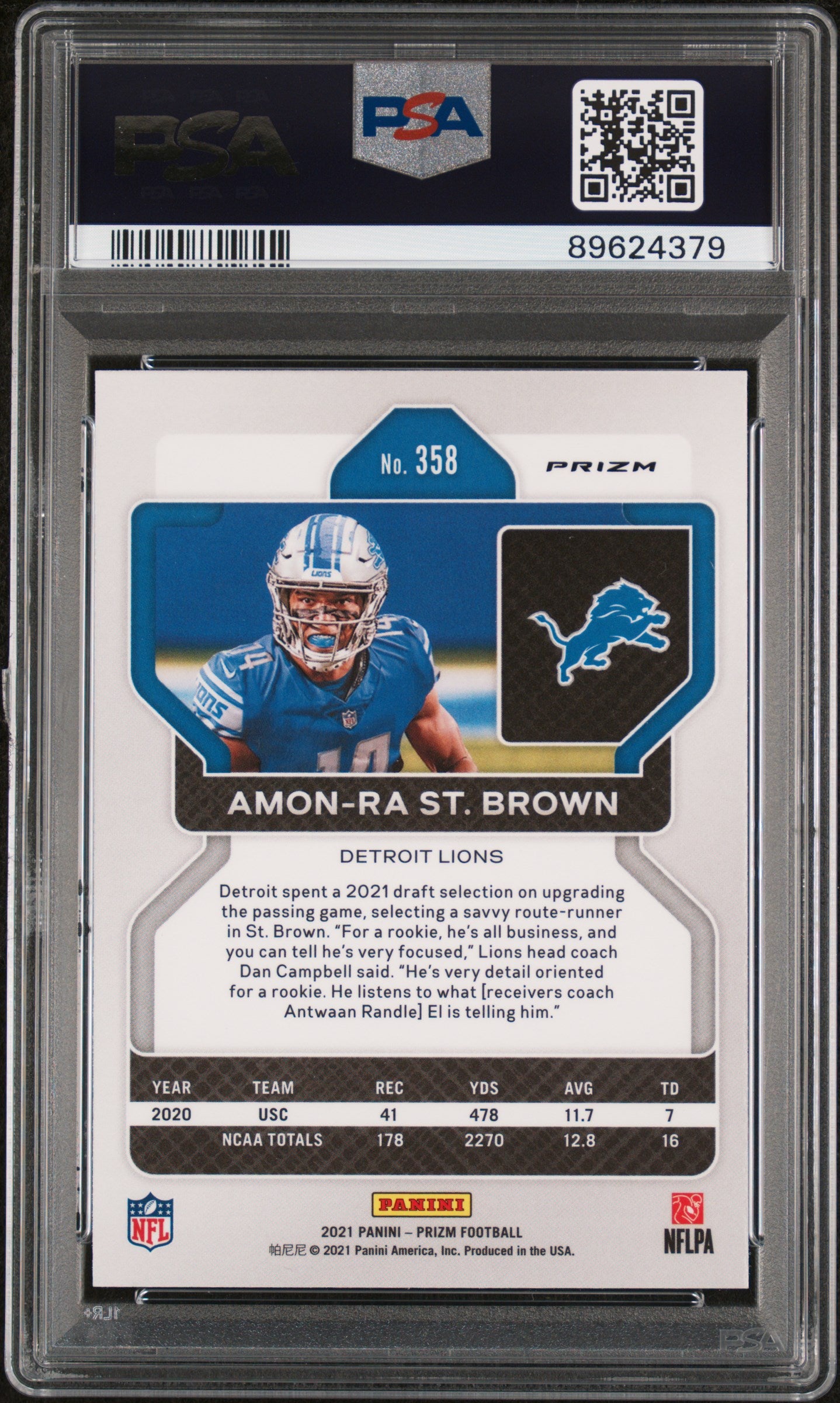 2021 Panini Prizm Purple Pulsar Amon-Ra St. Brown #358 RC PSA 9