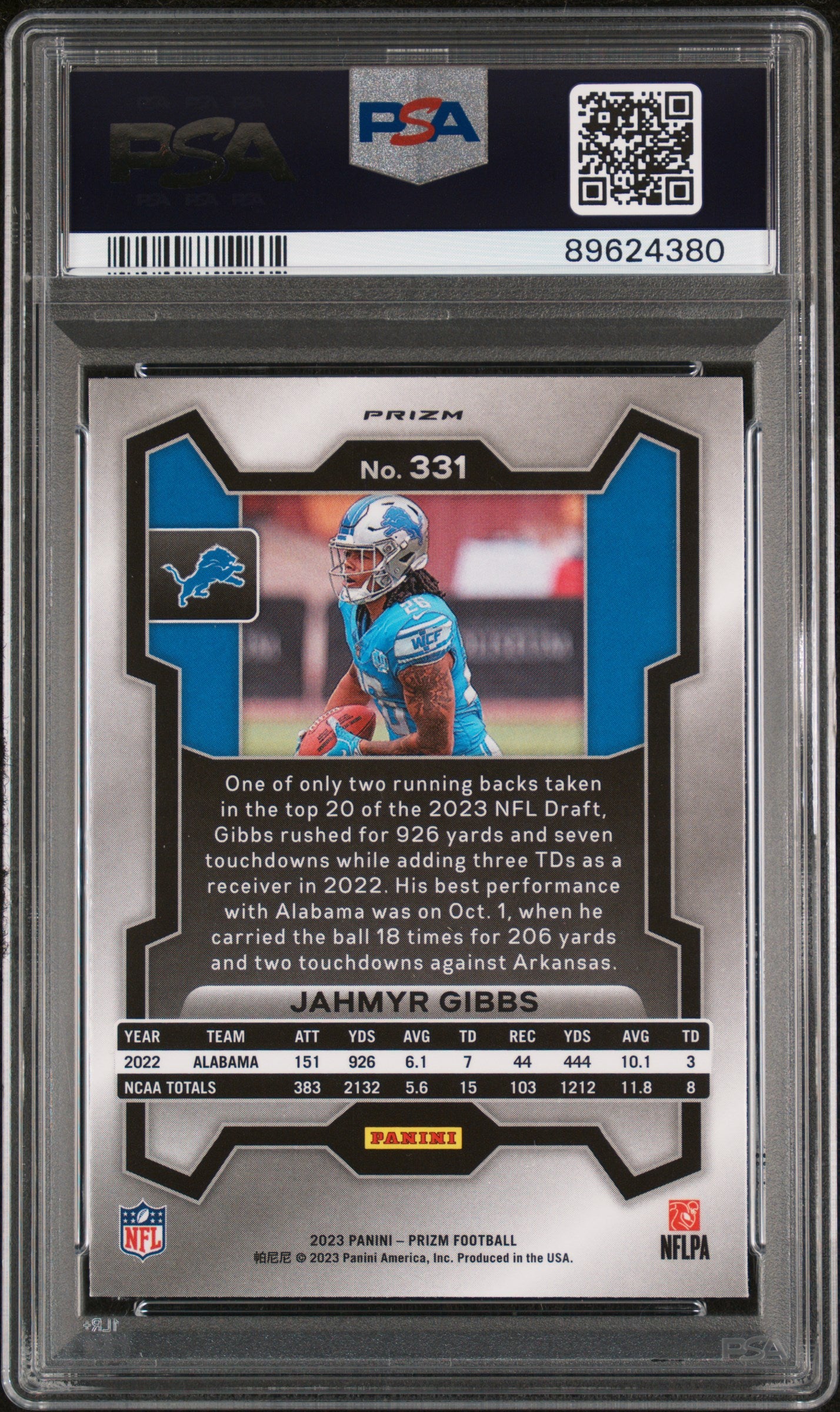 2023 Panini Prizm Pink Prizm Jahmyr Gibbs #331 RC PSA 10