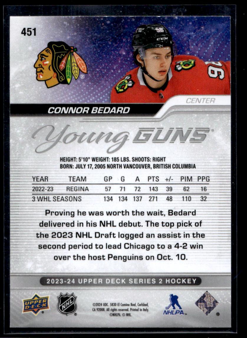 2023 Upper Deck Upper Deck 451 Connor Bedard Young Guns Rookie Chicago