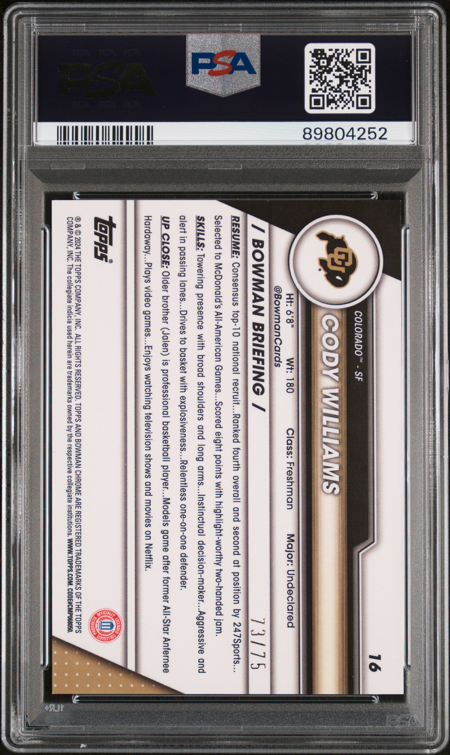 2023 Bowman University Chrome Sapphire Yellow Cody Williams #16 /75 PSA 10