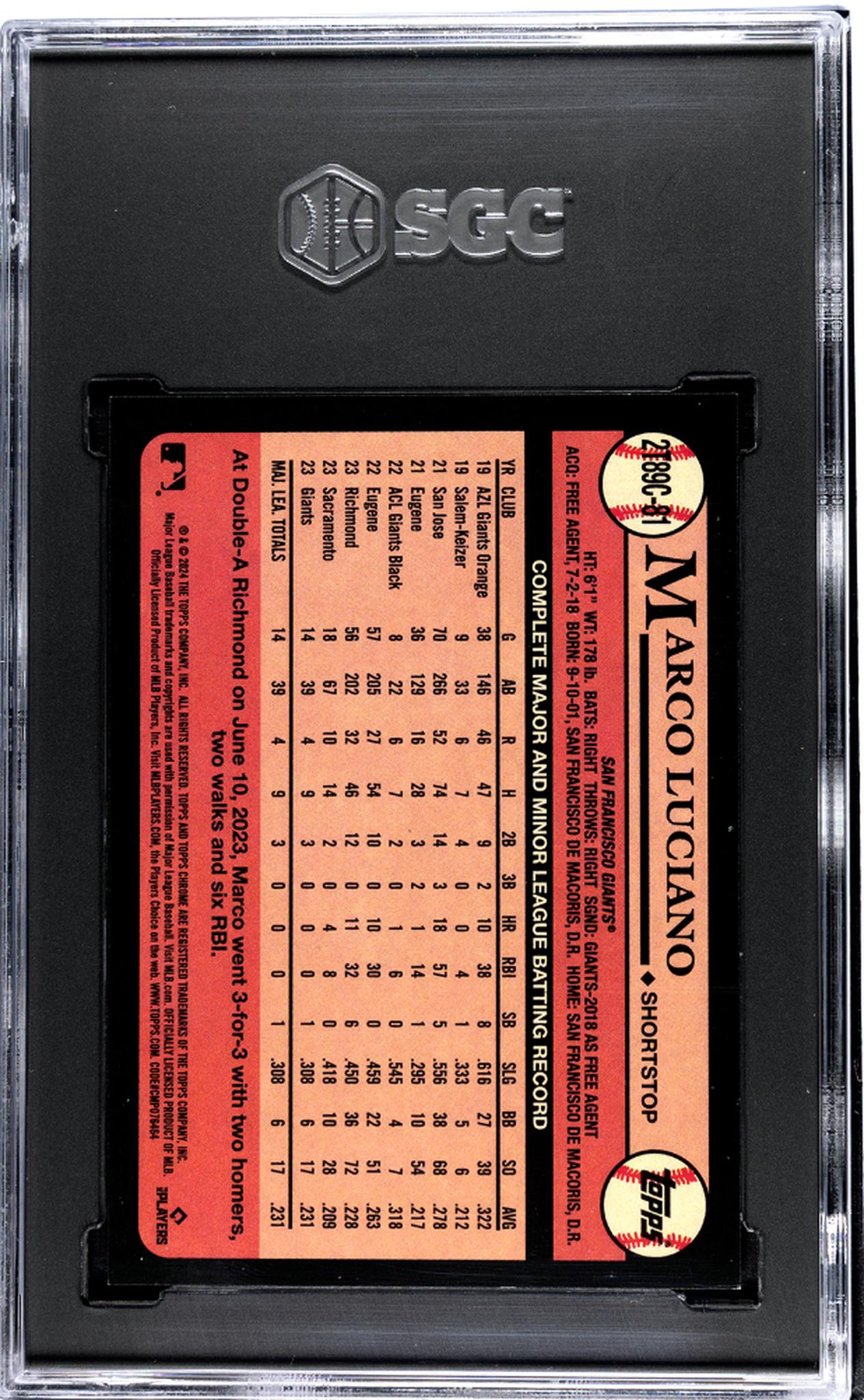 2024 Topps Chrome '89 Blue Refractor Marco Luciano #2T89C-81 RC /150 SGC 10