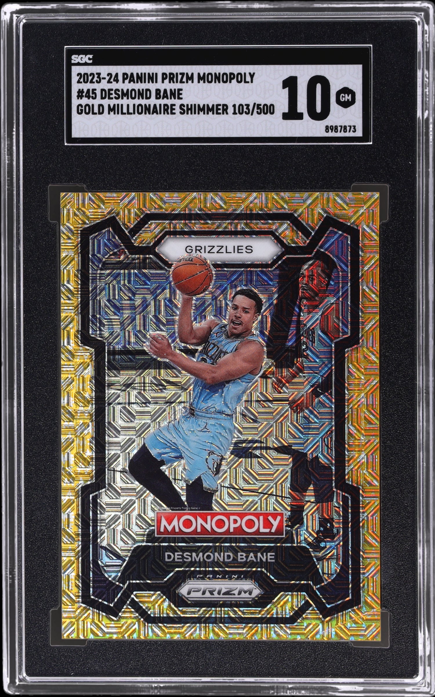 2023-24 Panini Prizm Monopoly #45 Desmond Bane Gold Millionaire Shimmer Prizm 103 SGC 10