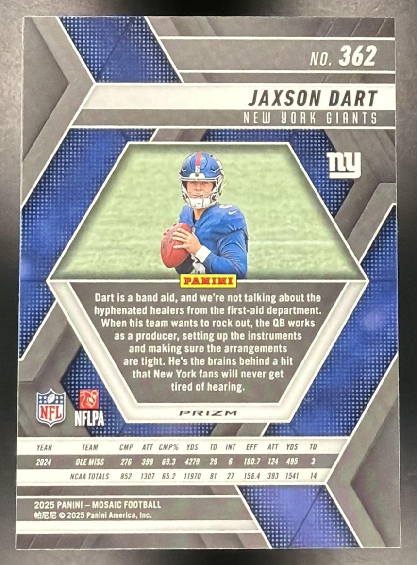 2025 Panini Mosaic Jaxson Dart #362 Rookies Red and White Stripe Prizm RC Giants