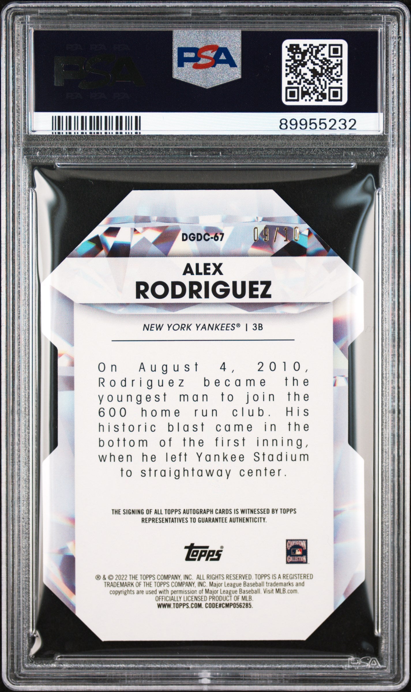 2022 Topps Update Diamond Greats Die-Cut Alex Rodriguez #DGDC-67 Auto /10 PSA 9