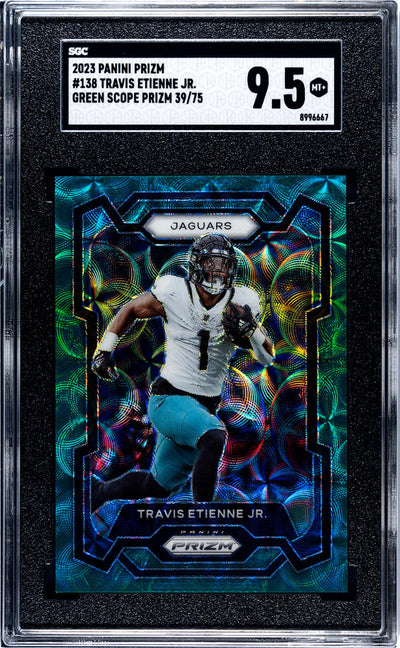 2023 Prizm #138 Travis Etienne Jr. Green Scope Prizm /75 SGC 9.5