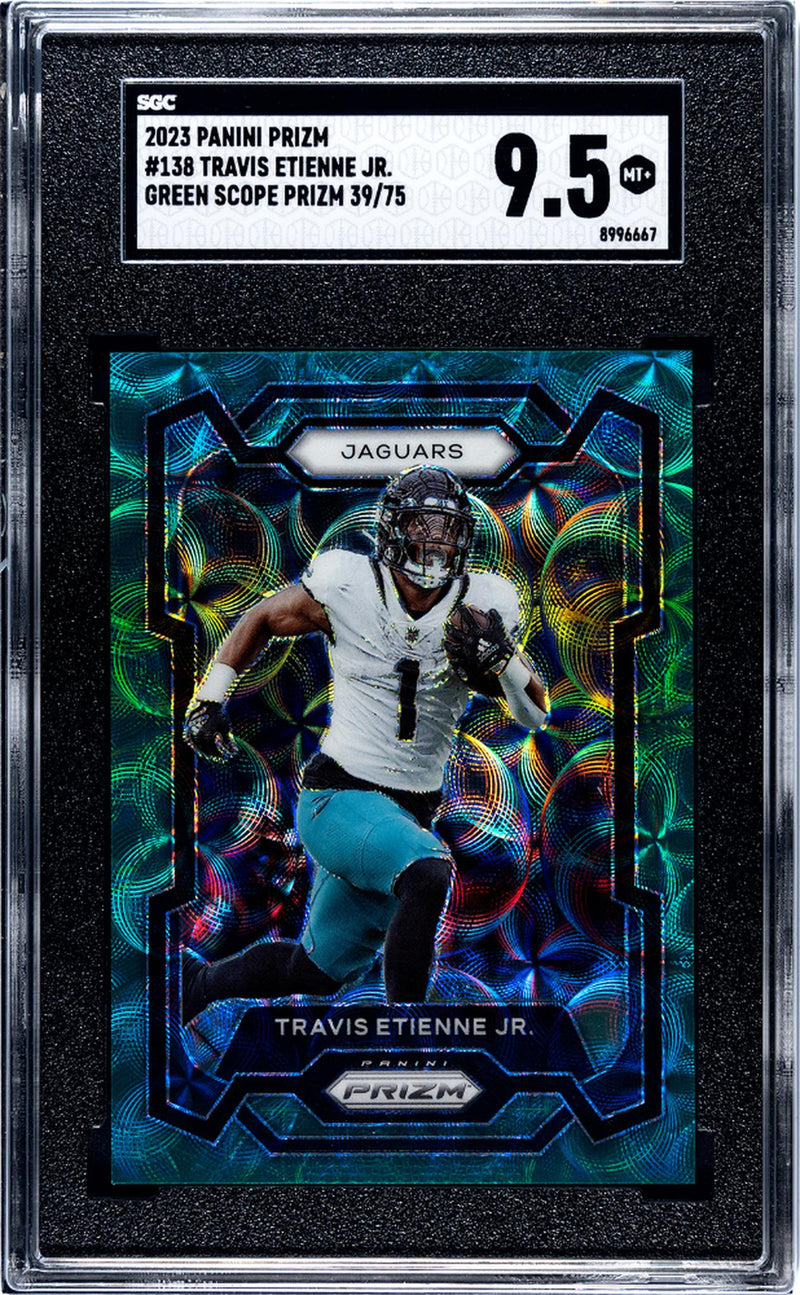 2023 Prizm #138 Travis Etienne Jr. Green Scope Prizm /75 SGC 9.5
