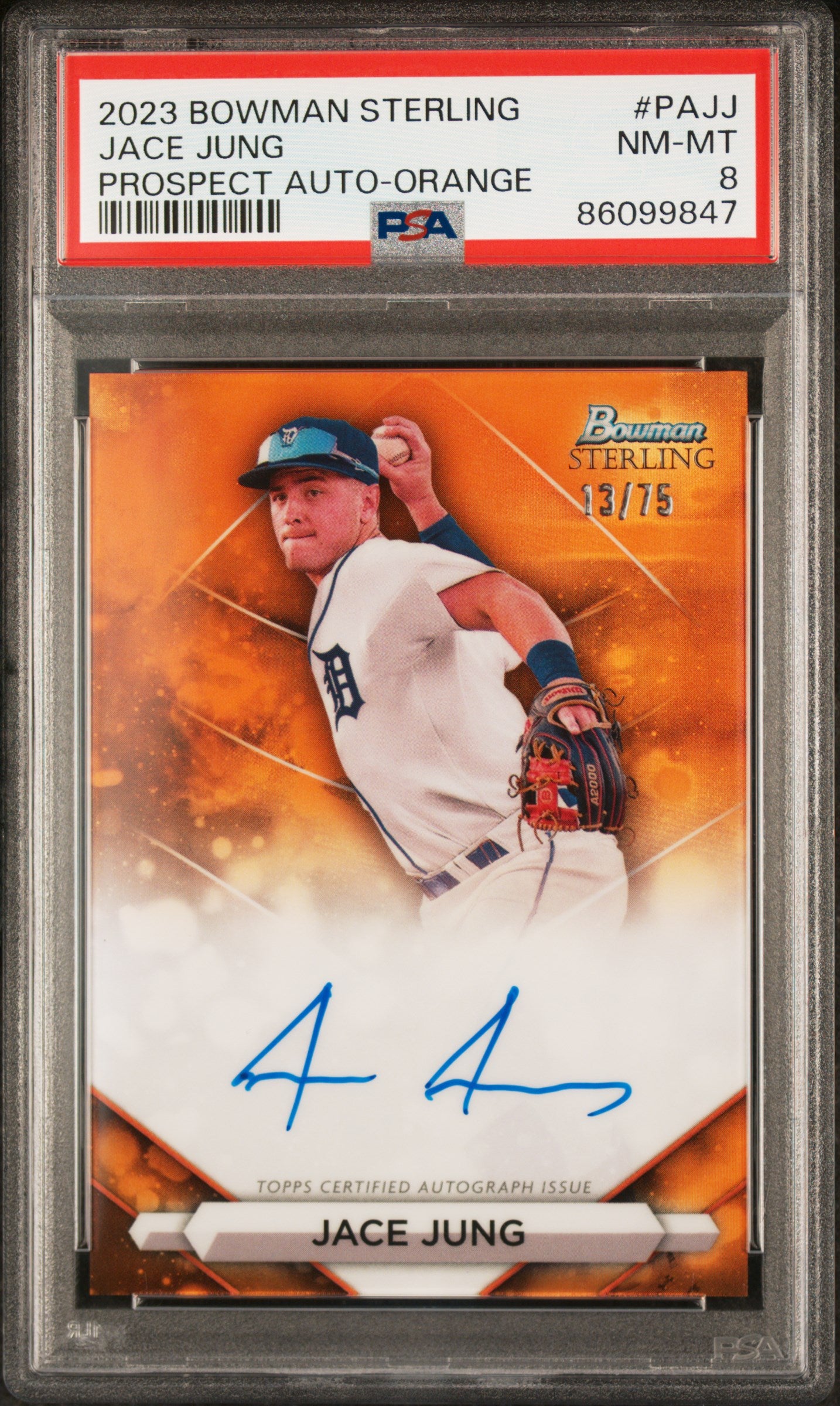 2023 Bowman Sterling Prospect Autographs Orange Jace Jung /75 PSA 8