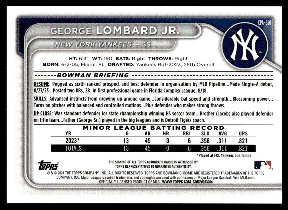 2024 Bowman Chrome CPA-GL0 George Lombard Jr. Rookie New York Yankees Auto