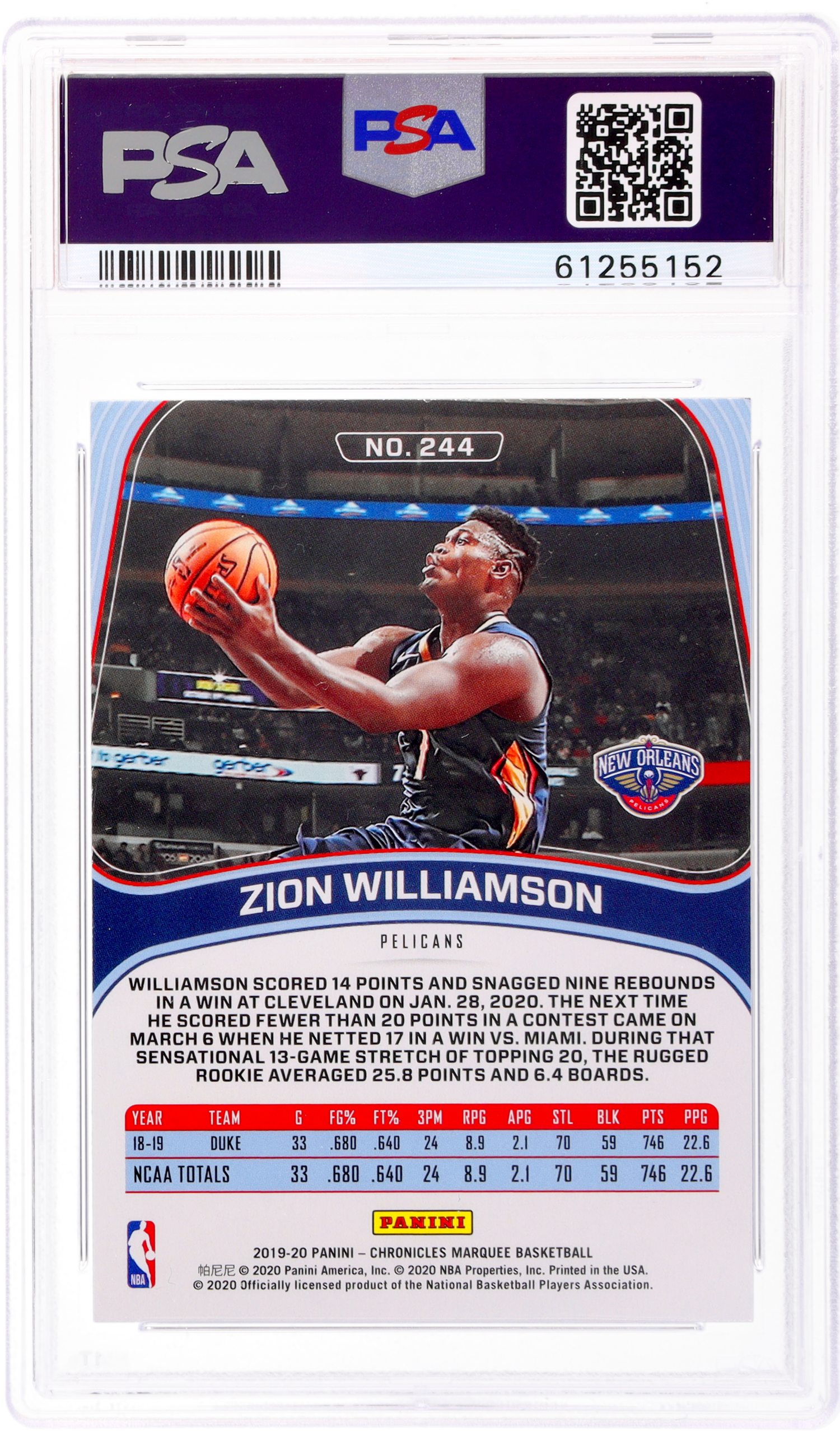 2019 Panini Chronicles #244 Zion Williamson Marquee PSA 10