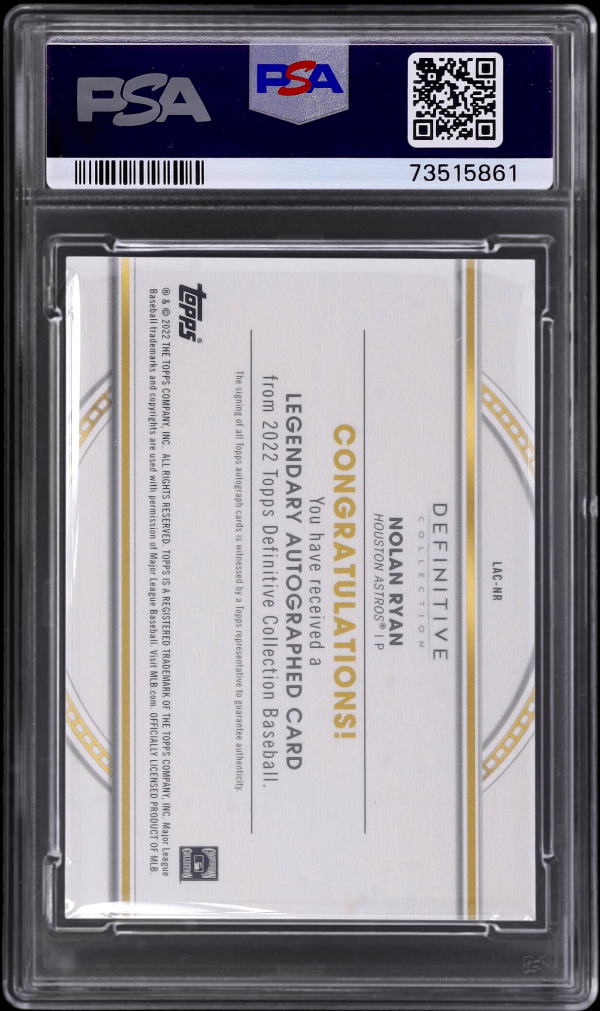 2022 Topps Definitive Collection Legend Autographs Purple Nolan Ryan /5 PSA 10