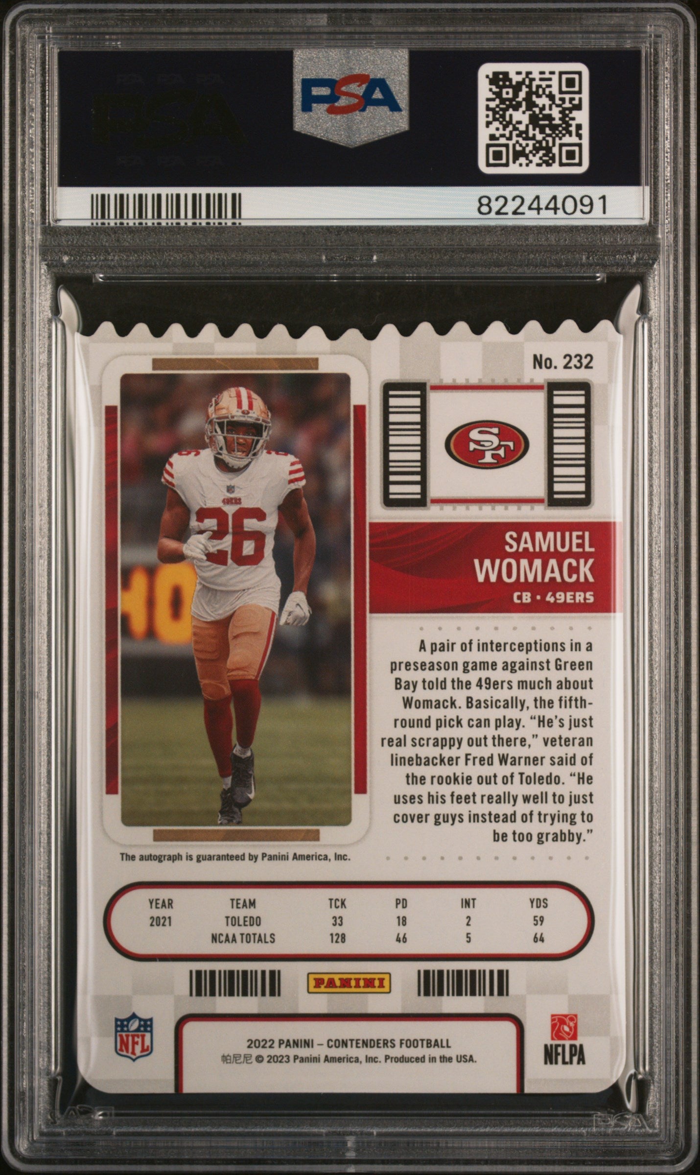 2022 Contenders Ticket Stub Samuel Womack #232 RC Auto /26 PSA 9