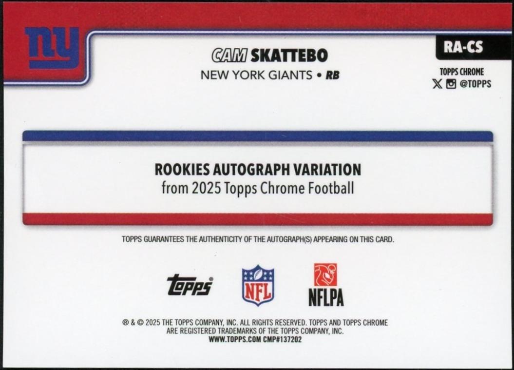 2025 Topps Chrome RA-CS Cam Skattebo Gold Wave Auto /50