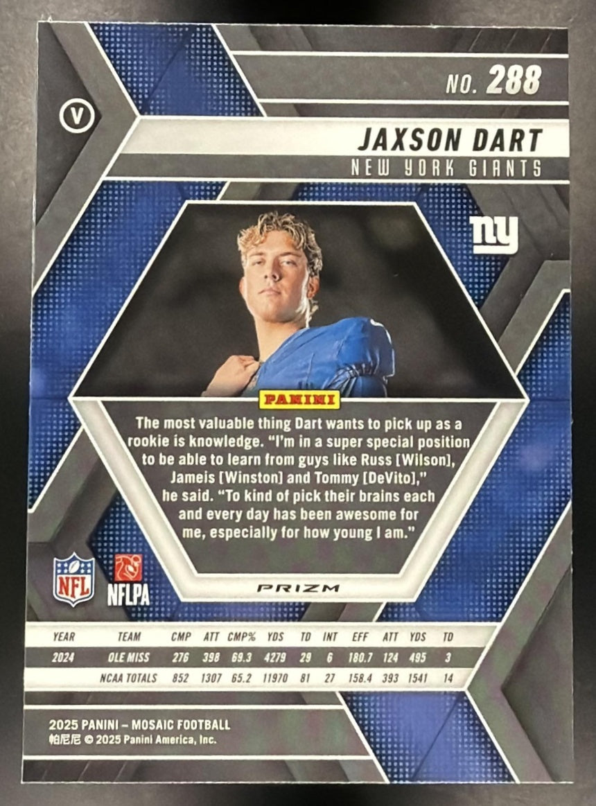 2025 Panini Mosaic Jaxson Dart #288 Rookie Variation Camo Red Prizm RC Giants