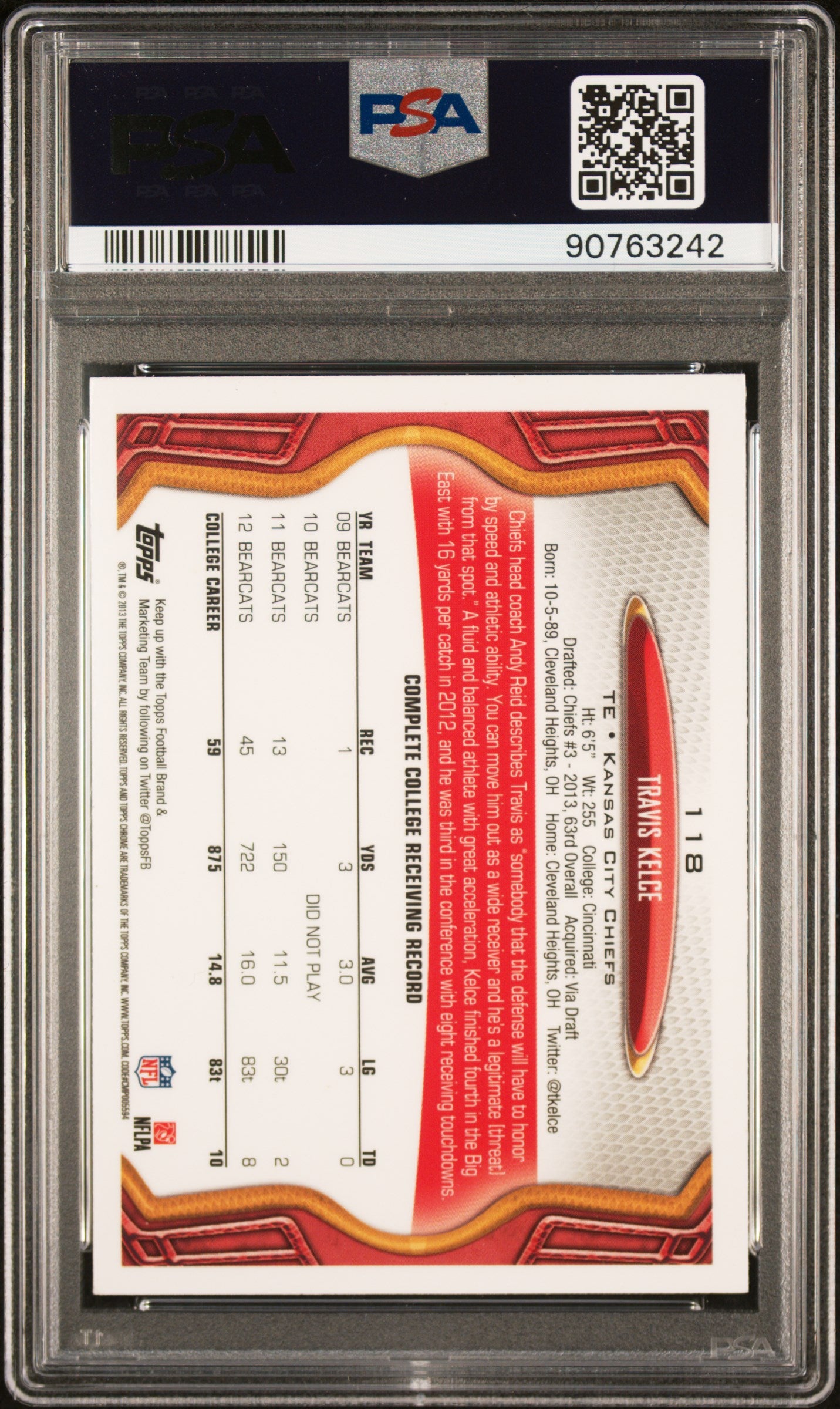 2013 Topps Chrome Travis Kelce #118 PSA 8