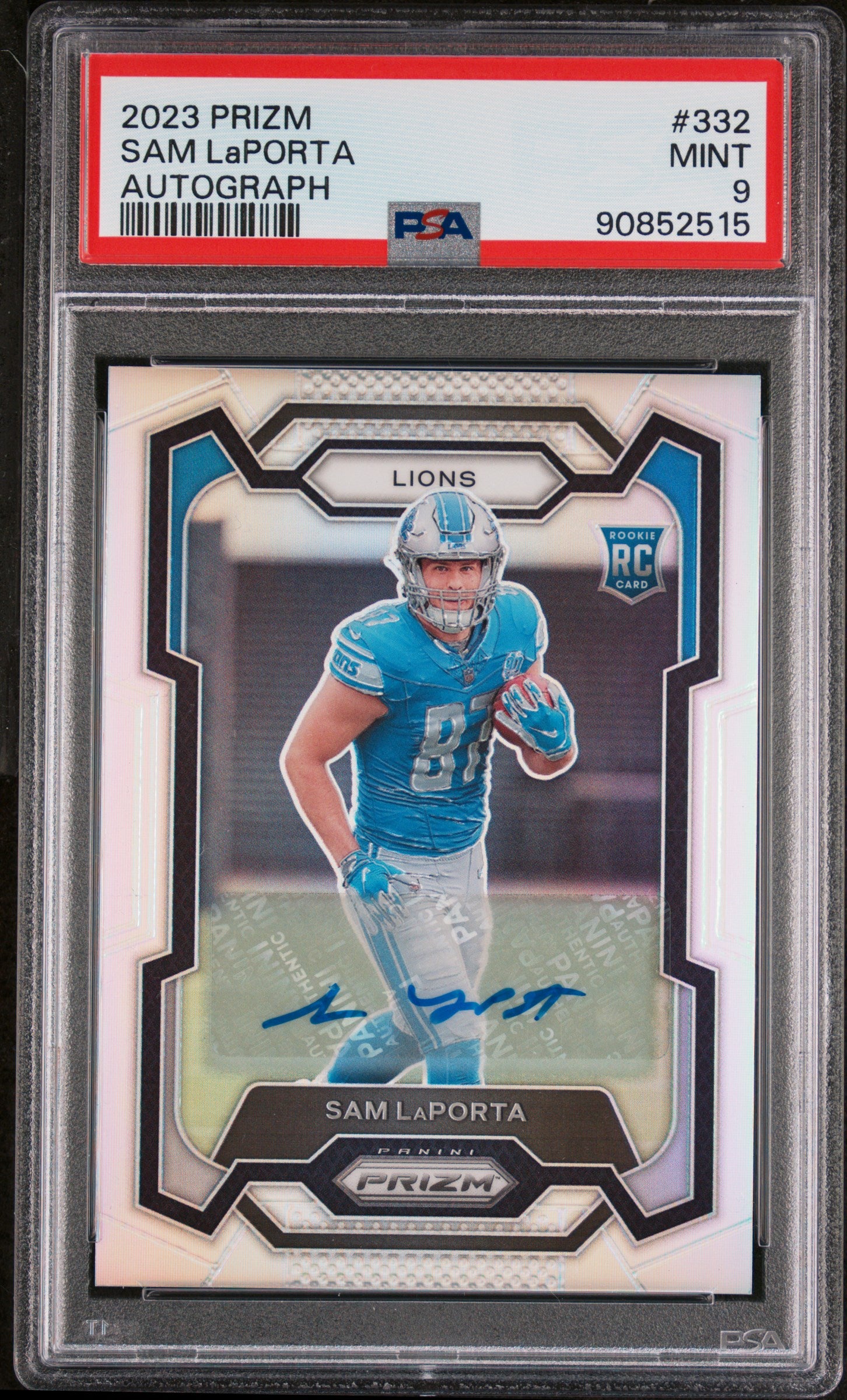 2023 Panini Prizm Autograph Silver Prizm Sam Laporta #332 PSA 9