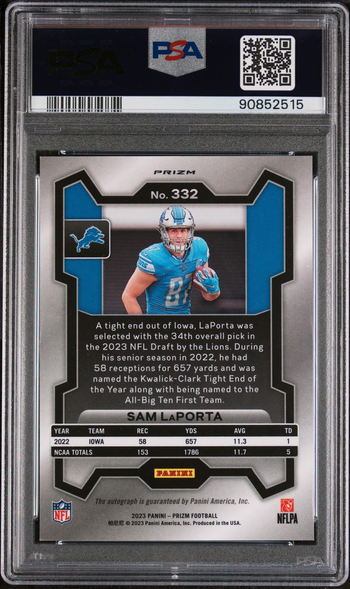 2023 Panini Prizm Autograph Silver Prizm Sam Laporta #332 PSA 9