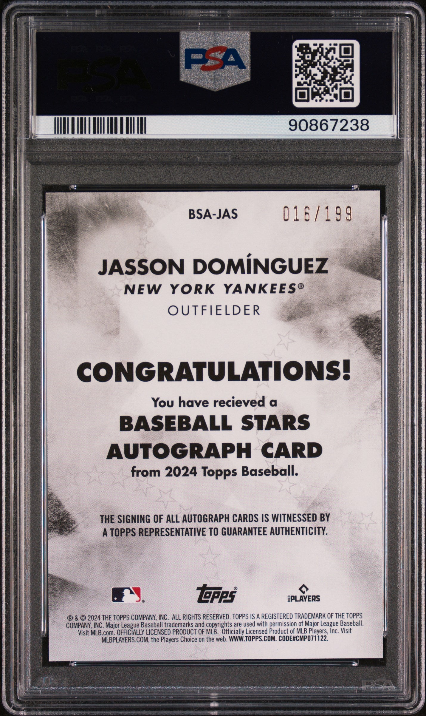 2024 Topps Baseball Stars Black Jasson Dominguez #BSA-JAS RC Auto /199 PSA 10