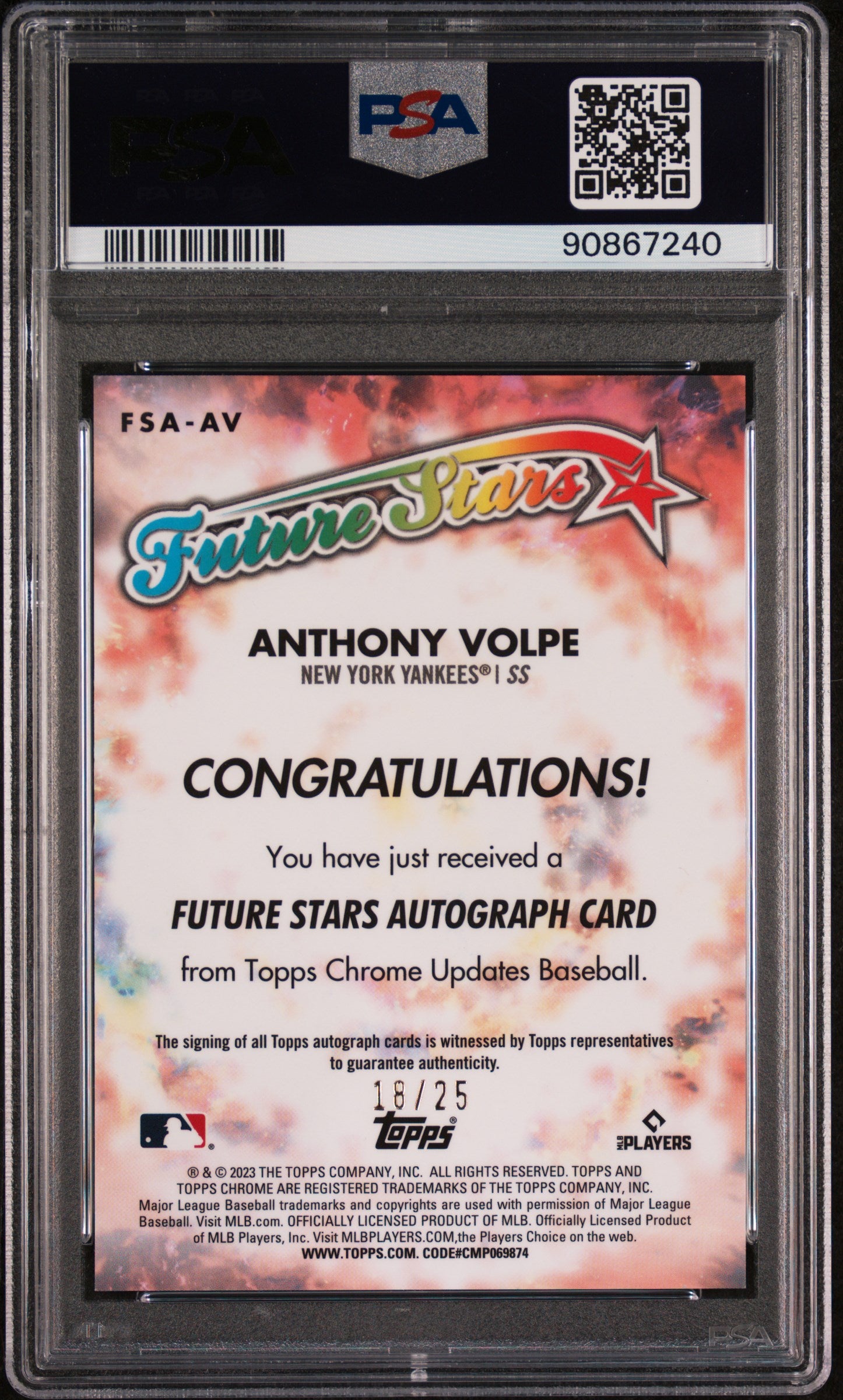 2023 Topps Chrome Update Future Stars Autograph #FSAAV Anthony Volpe Orange PSA 10
