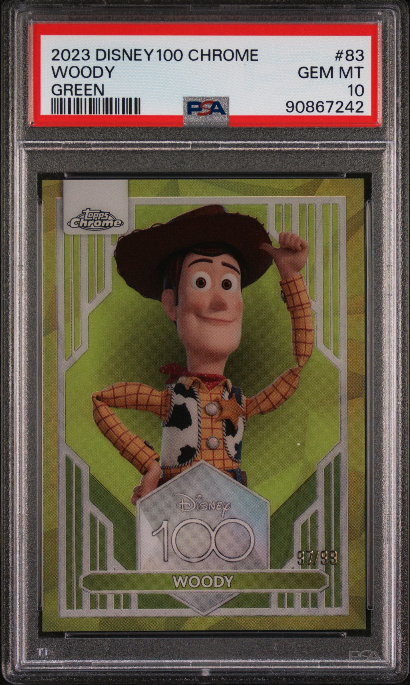 2023 Topps Disney 100 Chrome Green Refractor Woody #83 /99 PSA 10