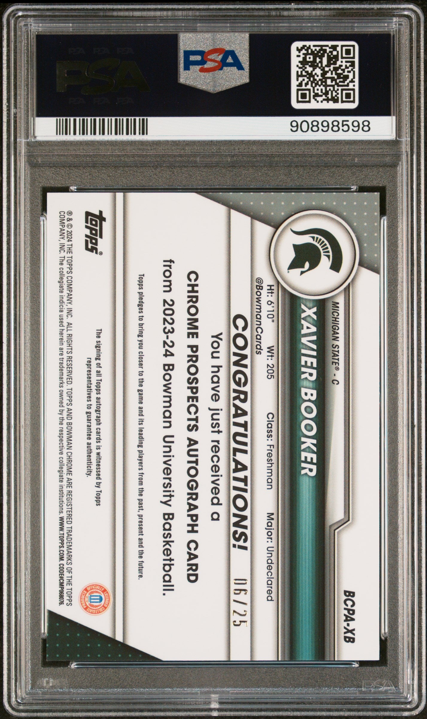2023 Bowman University Chrome Bowman Chrome Prospects Autographs Orange Shimmer Xavier Booker #XB /25 PSA 9