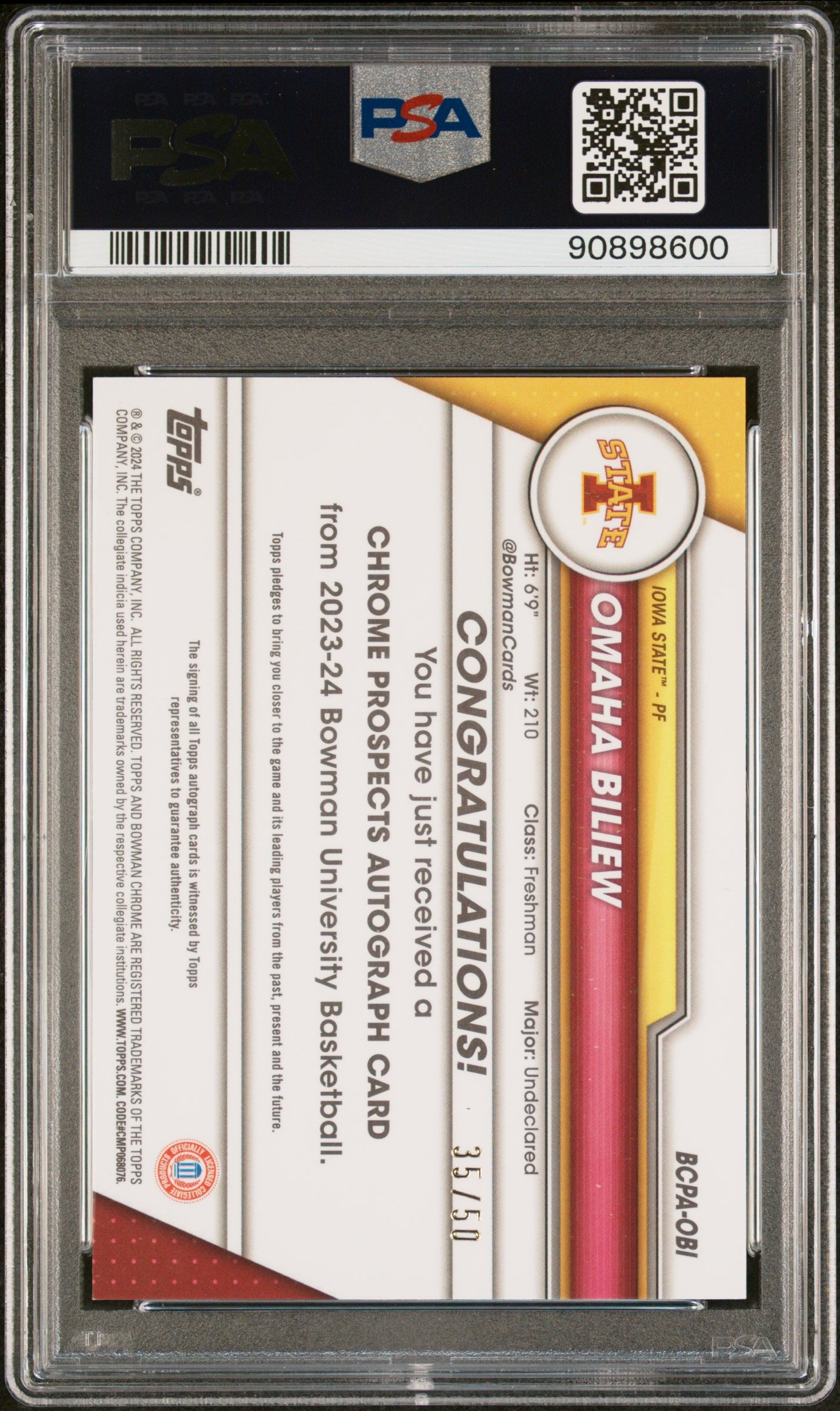 2023 Bowman University Chrome Bowman Chrome Prospects Autographs Prospects Au-Gold Lava Ref Omaha Biliew #OBI /50 PSA 10
