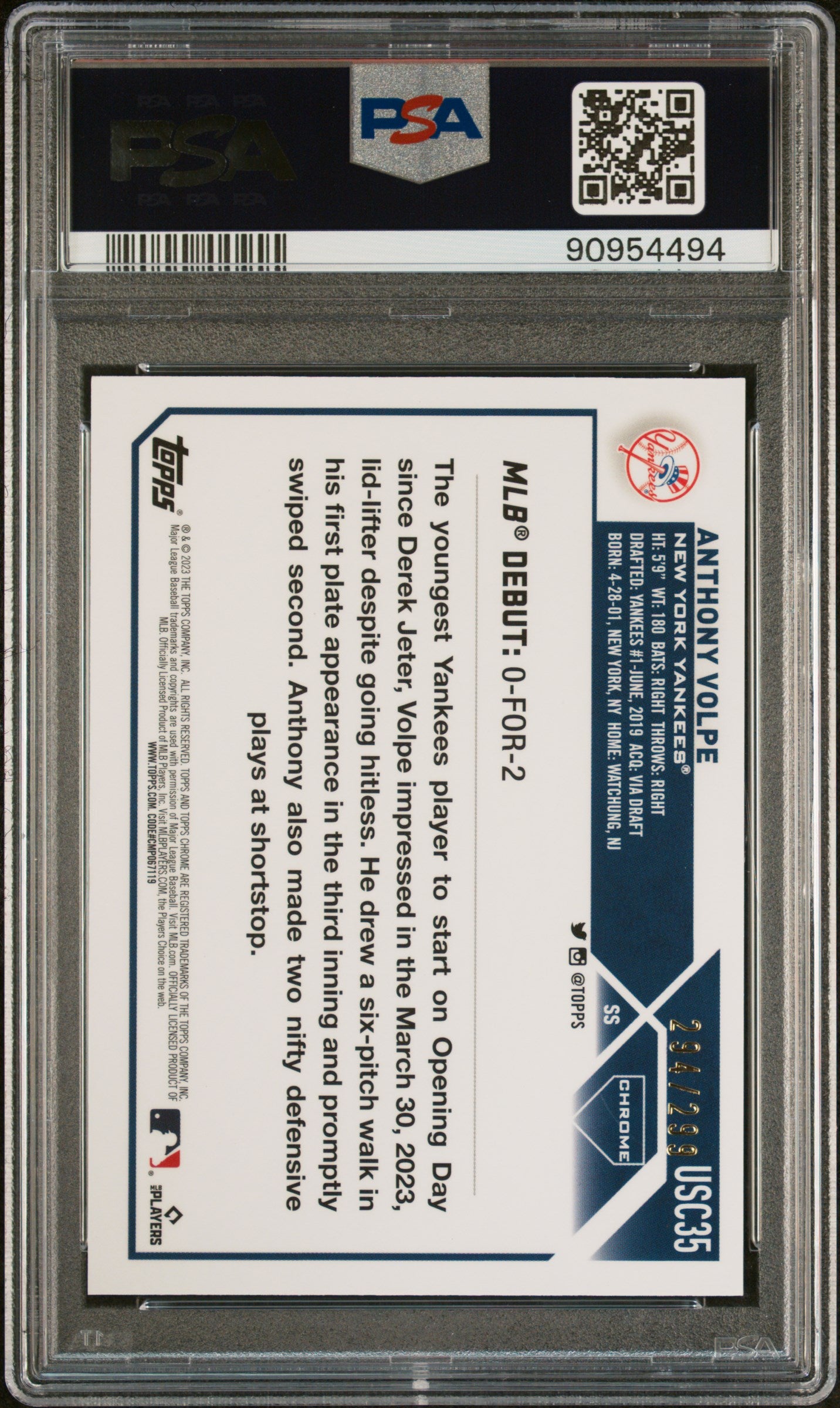2023 Topps Chrome #USC35 Anthony Volpe /299 PSA 9
