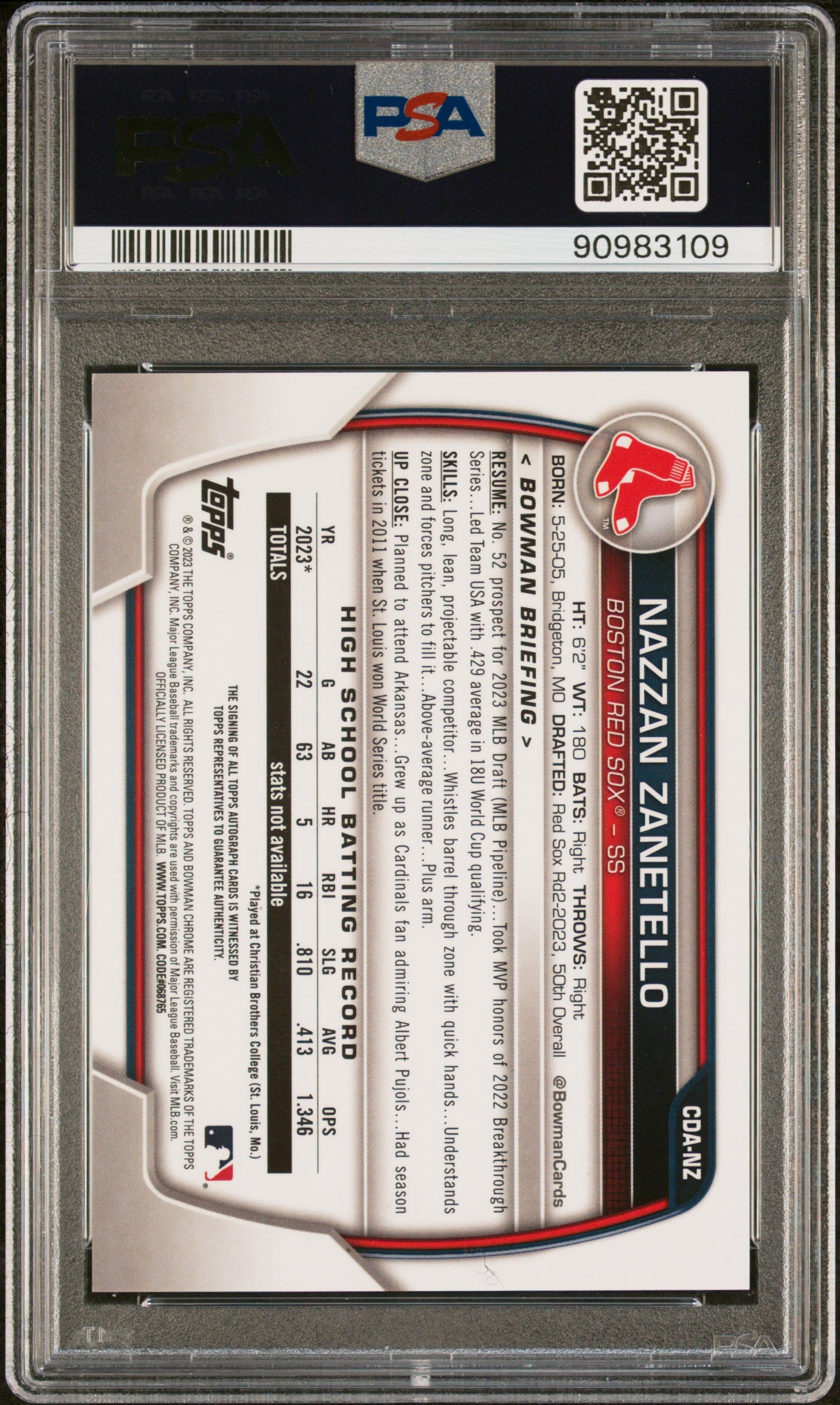 2023 Bowman Draft Chrome Prospect Autograph Nazzan Zanetello #CDANZ PSA 10